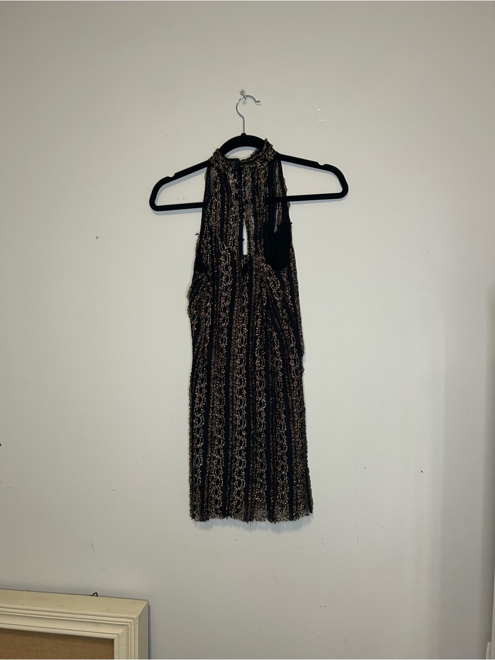 Free People Black Gold Lace Mini Dress XS Boho Party Glam Night Out Date Sexy - Picture 5 of 6